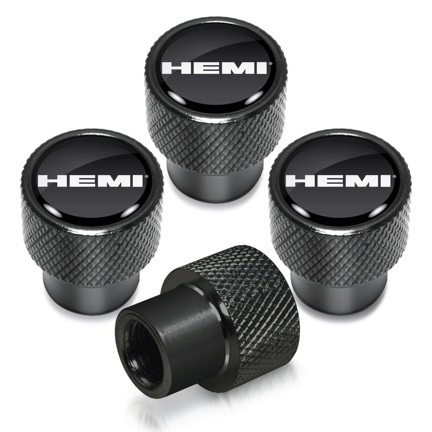 HEMI Logo in Black on Shining Silver Aluminum Tire Valve Stem Caps